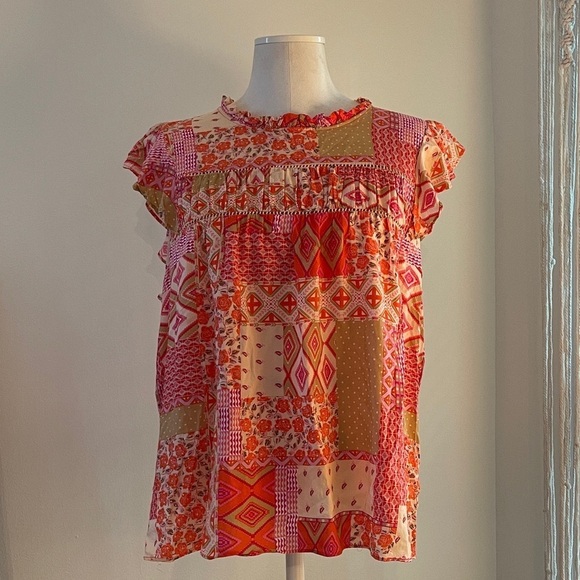 None Tops - EUC Boho Orange Pink Green Cream Patch Print Flutter Sleeve Women's Top | Size M